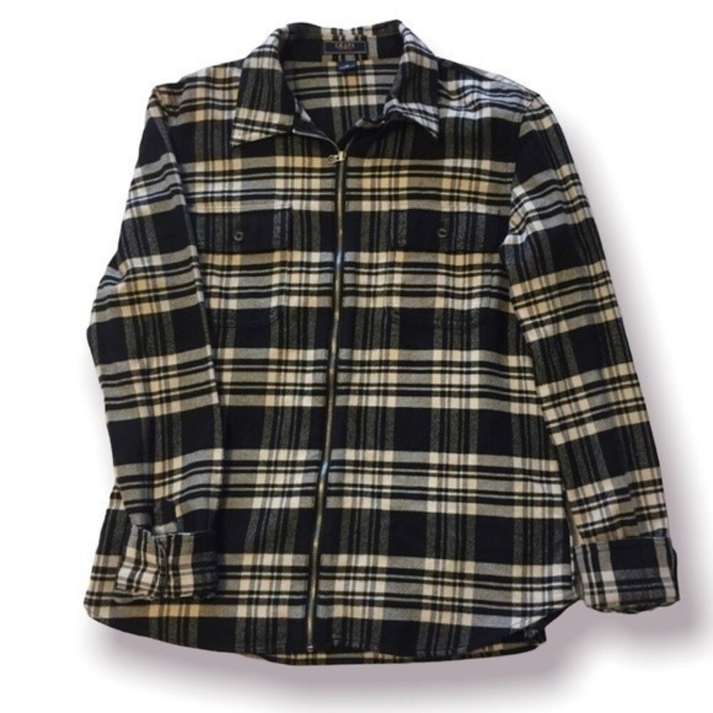 Chaps Flannel Shacket Black Cream Plaid Zipper Front Cotton Long Sleeve Top
